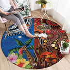 Fiji and Australia Together Round Carpet Fijian Tapa Plants with Kangaroo and Aboriginal - Aussie Hoodie
