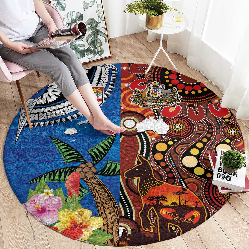 Fiji and Australia Together Round Carpet Fijian Tapa Plants with Kangaroo and Aboriginal - Aussie Hoodie