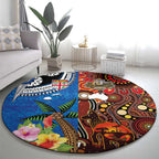Fiji and Australia Together Round Carpet Fijian Tapa Plants with Kangaroo and Aboriginal - Aussie Hoodie