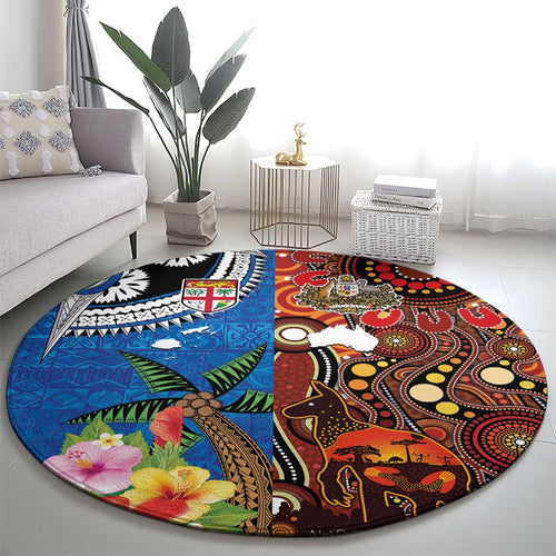 Fiji and Australia Together Round Carpet Fijian Tapa Plants with Kangaroo and Aboriginal - Aussie Hoodie