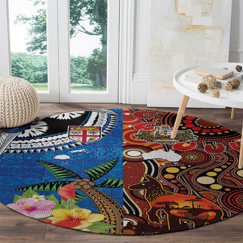 Fiji and Australia Together Round Carpet Fijian Tapa Plants with Kangaroo and Aboriginal - Aussie Hoodie