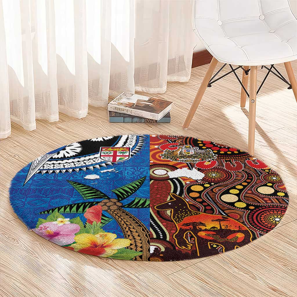 Fiji and Australia Together Round Carpet Fijian Tapa Plants with Kangaroo and Aboriginal - Aussie Hoodie