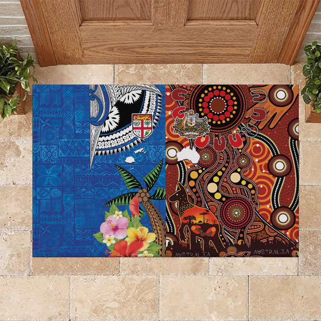 Fiji and Australia Together Rubber Doormat Fijian Tapa Plants with Kangaroo and Aboriginal - Aussie Hoodie