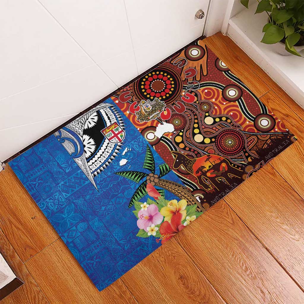 Fiji and Australia Together Rubber Doormat Fijian Tapa Plants with Kangaroo and Aboriginal - Aussie Hoodie