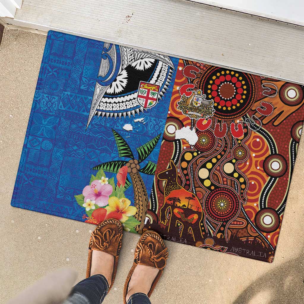 Fiji and Australia Together Rubber Doormat Fijian Tapa Plants with Kangaroo and Aboriginal - Aussie Hoodie