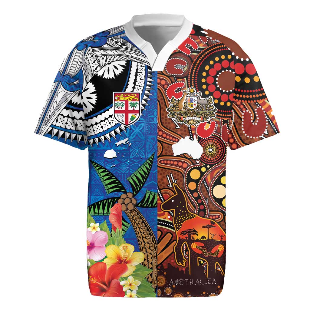 Fiji and Australia Together Rugby Jersey Fijian Tapa Plants with Kangaroo and Aboriginal - Aussie Hoodie