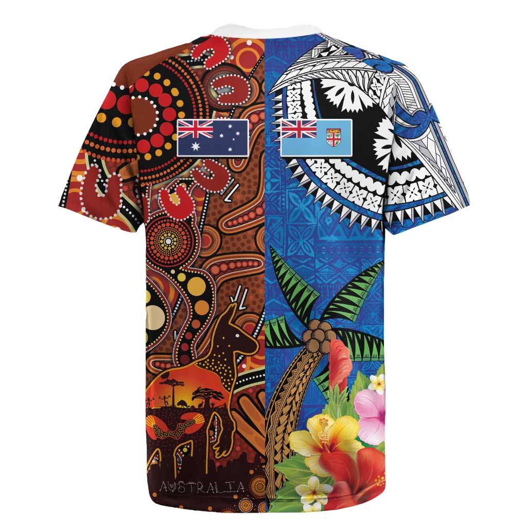 Fiji and Australia Together Rugby Jersey Fijian Tapa Plants with Kangaroo and Aboriginal - Aussie Hoodie