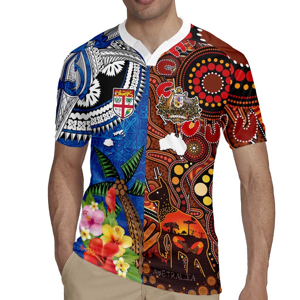 Fiji and Australia Together Rugby Jersey Fijian Tapa Plants with Kangaroo and Aboriginal - Aussie Hoodie