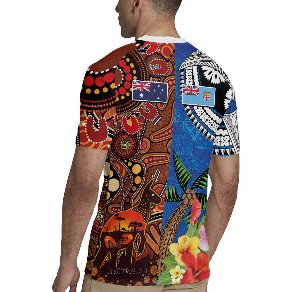 Fiji and Australia Together Rugby Jersey Fijian Tapa Plants with Kangaroo and Aboriginal - Aussie Hoodie