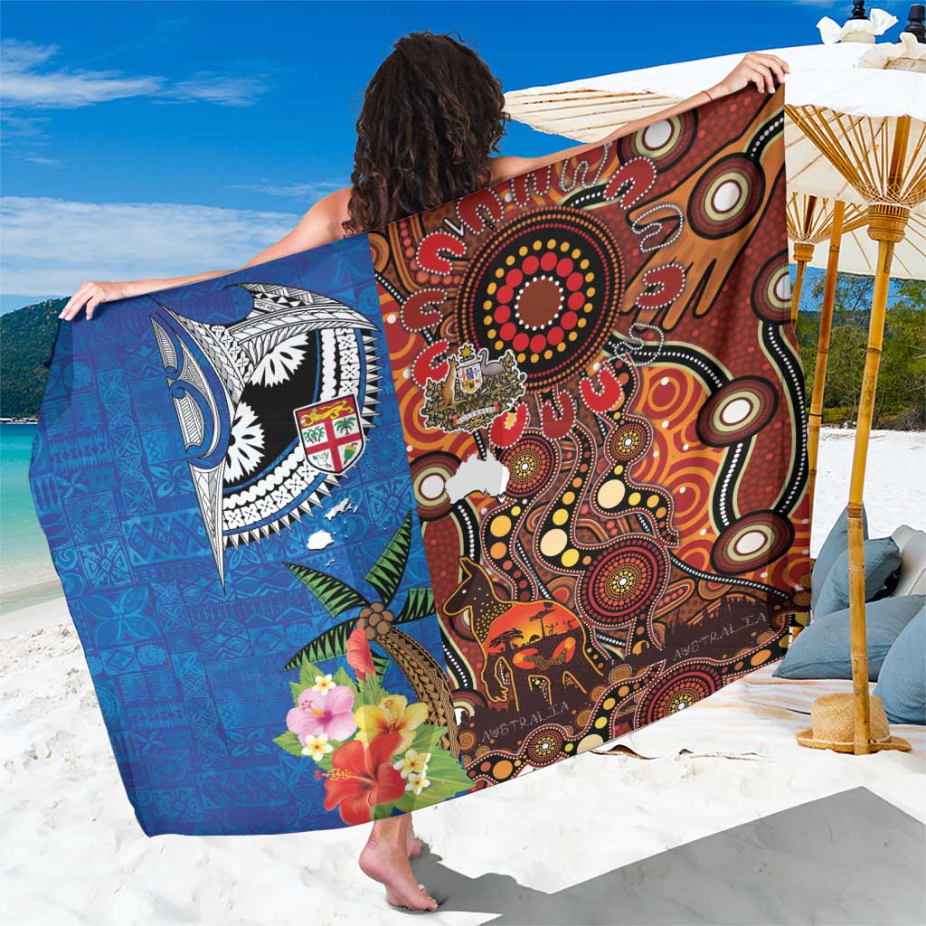 Fiji and Australia Together Sarong Fijian Tapa Plants with Kangaroo and Aboriginal - Aussie Hoodie