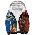 Fiji and Australia Together Sherpa Hoodie Fijian Tapa Plants with Kangaroo and Aboriginal - Aussie Hoodie
