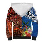 Fiji and Australia Together Sherpa Hoodie Fijian Tapa Plants with Kangaroo and Aboriginal - Aussie Hoodie