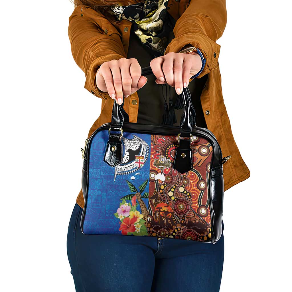 Fiji and Australia Together Shoulder Handbag Fijian Tapa Plants with Kangaroo and Aboriginal - Aussie Hoodie