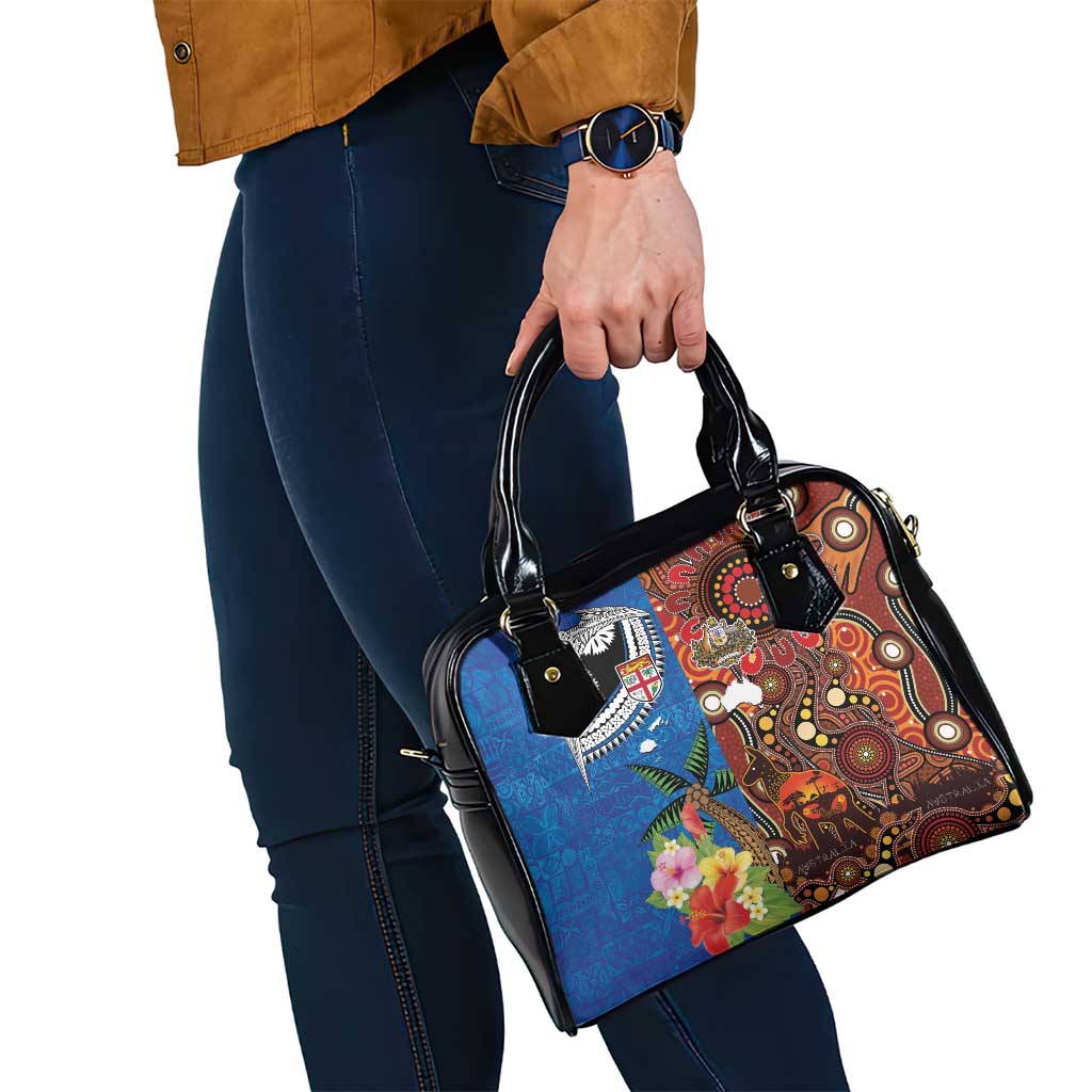 Fiji and Australia Together Shoulder Handbag Fijian Tapa Plants with Kangaroo and Aboriginal - Aussie Hoodie