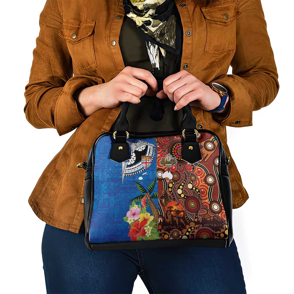 Fiji and Australia Together Shoulder Handbag Fijian Tapa Plants with Kangaroo and Aboriginal - Aussie Hoodie