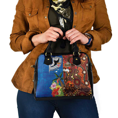 Fiji and Australia Together Shoulder Handbag Fijian Tapa Plants with Kangaroo and Aboriginal - Aussie Hoodie