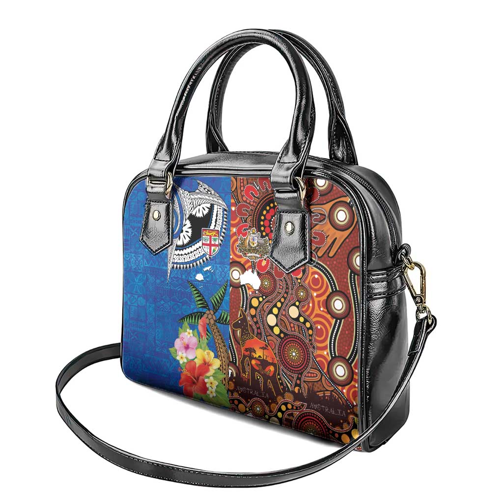Fiji and Australia Together Shoulder Handbag Fijian Tapa Plants with Kangaroo and Aboriginal - Aussie Hoodie