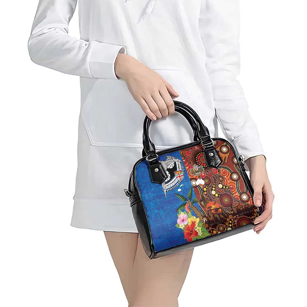 Fiji and Australia Together Shoulder Handbag Fijian Tapa Plants with Kangaroo and Aboriginal - Aussie Hoodie
