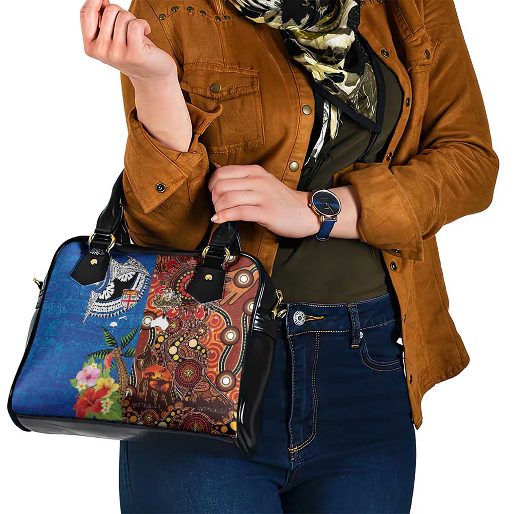 Fiji and Australia Together Shoulder Handbag Fijian Tapa Plants with Kangaroo and Aboriginal - Aussie Hoodie