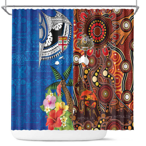 Fiji and Australia Together Shower Curtain Fijian Tapa Plants with Kangaroo and Aboriginal - Aussie Hoodie