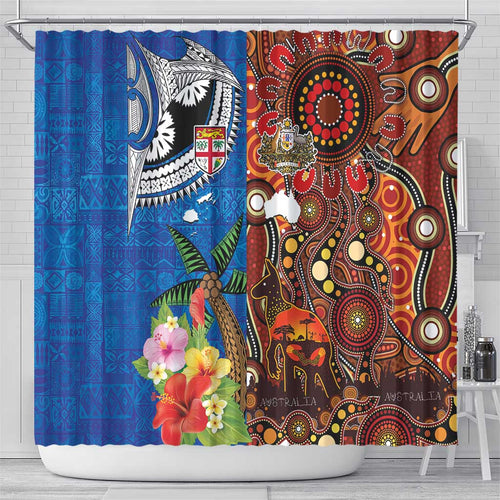 Fiji and Australia Together Shower Curtain Fijian Tapa Plants with Kangaroo and Aboriginal - Aussie Hoodie