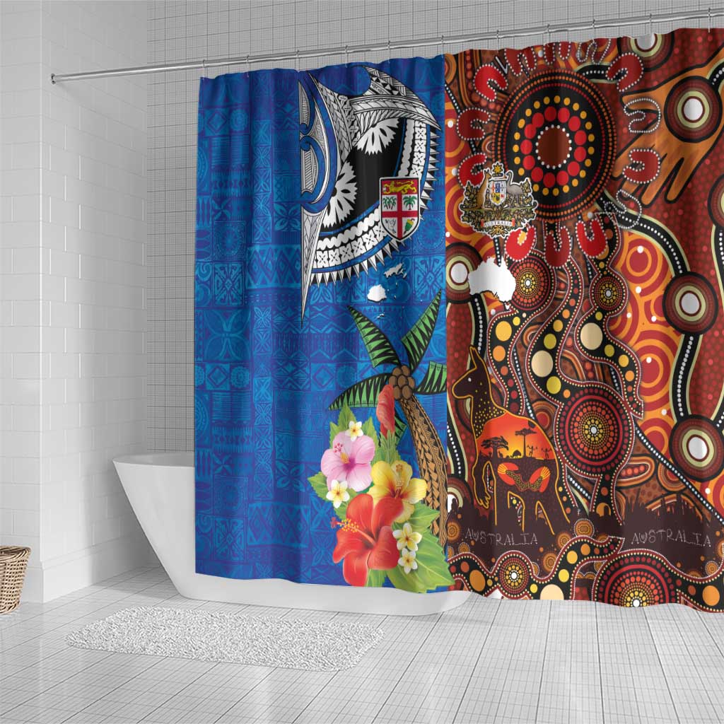 Fiji and Australia Together Shower Curtain Fijian Tapa Plants with Kangaroo and Aboriginal - Aussie Hoodie