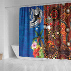 Fiji and Australia Together Shower Curtain Fijian Tapa Plants with Kangaroo and Aboriginal - Aussie Hoodie