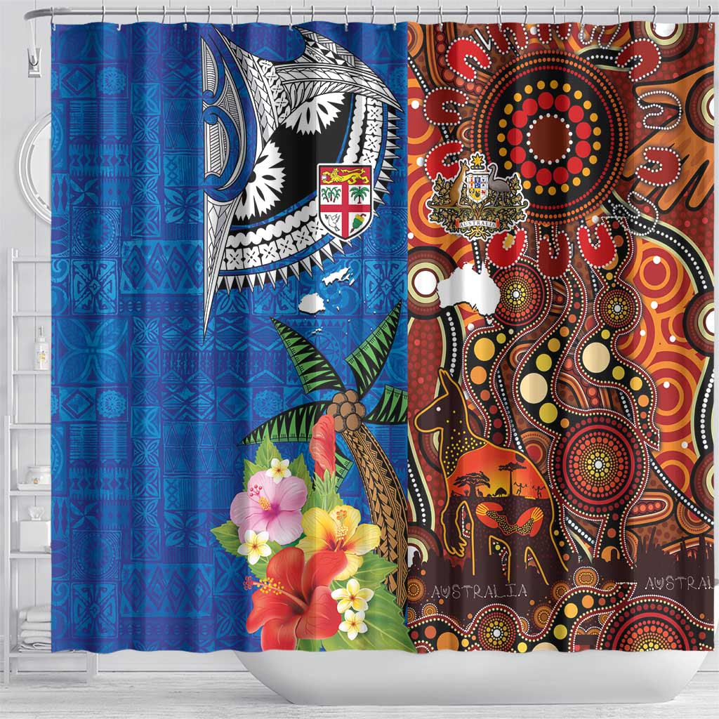 Fiji and Australia Together Shower Curtain Fijian Tapa Plants with Kangaroo and Aboriginal - Aussie Hoodie
