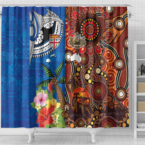 Fiji and Australia Together Shower Curtain Fijian Tapa Plants with Kangaroo and Aboriginal - Aussie Hoodie