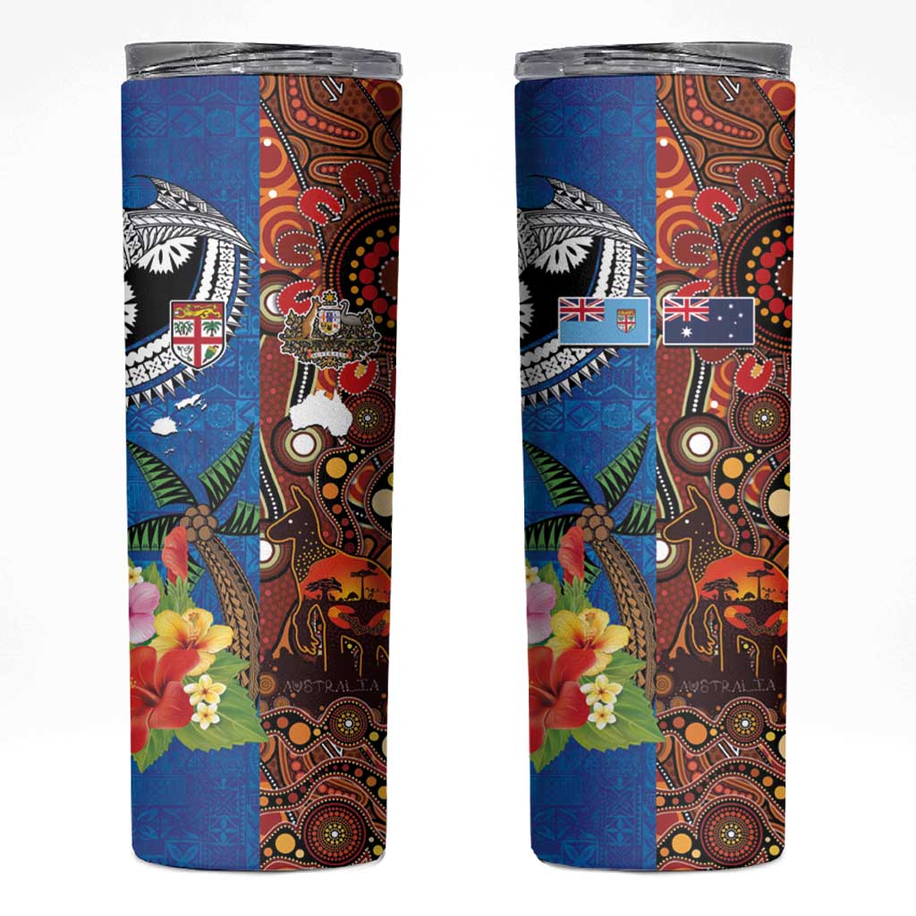 Fiji and Australia Together Skinny Tumbler Fijian Tapa Plants with Kangaroo and Aboriginal - Aussie Hoodie