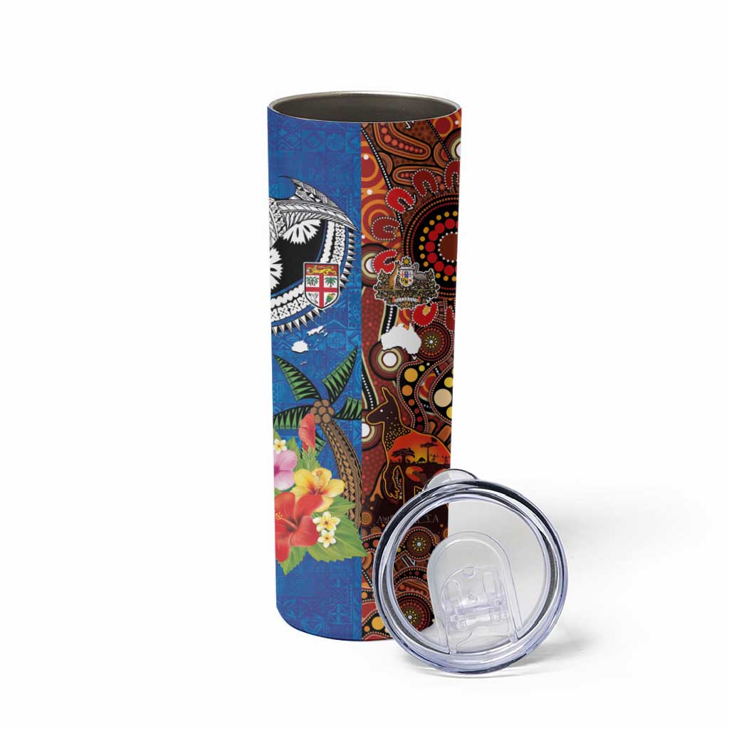Fiji and Australia Together Skinny Tumbler Fijian Tapa Plants with Kangaroo and Aboriginal - Aussie Hoodie