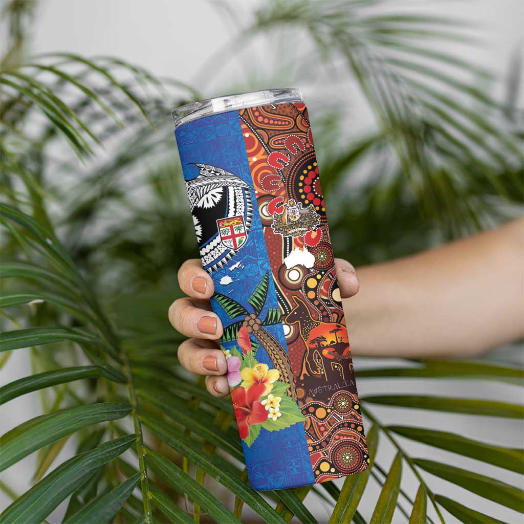 Fiji and Australia Together Skinny Tumbler Fijian Tapa Plants with Kangaroo and Aboriginal - Aussie Hoodie