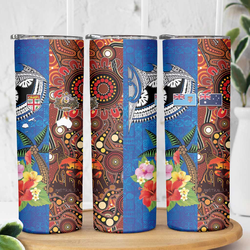 Fiji and Australia Together Skinny Tumbler Fijian Tapa Plants with Kangaroo and Aboriginal - Aussie Hoodie