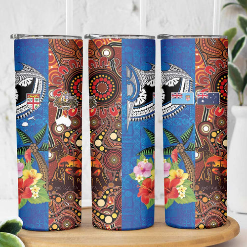 Fiji and Australia Together Skinny Tumbler Fijian Tapa Plants with Kangaroo and Aboriginal - Aussie Hoodie