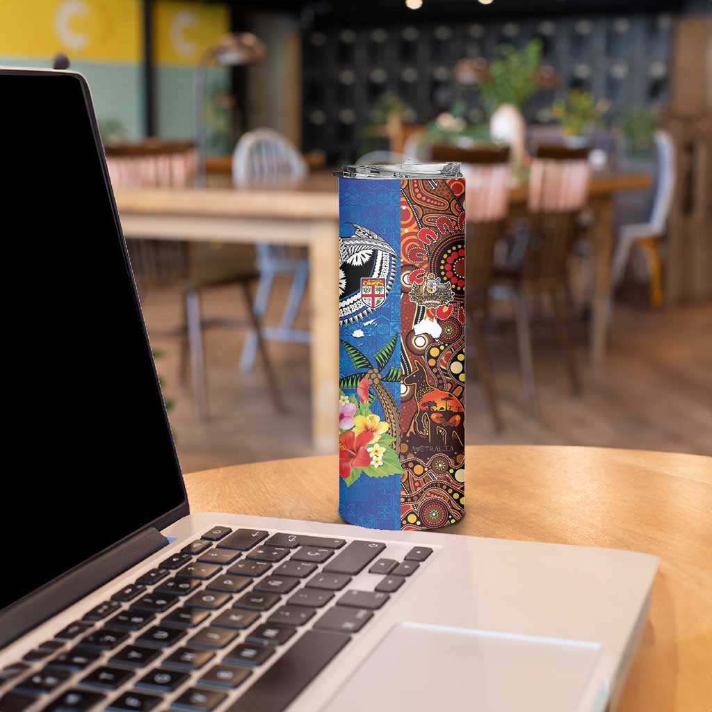 Fiji and Australia Together Skinny Tumbler Fijian Tapa Plants with Kangaroo and Aboriginal - Aussie Hoodie