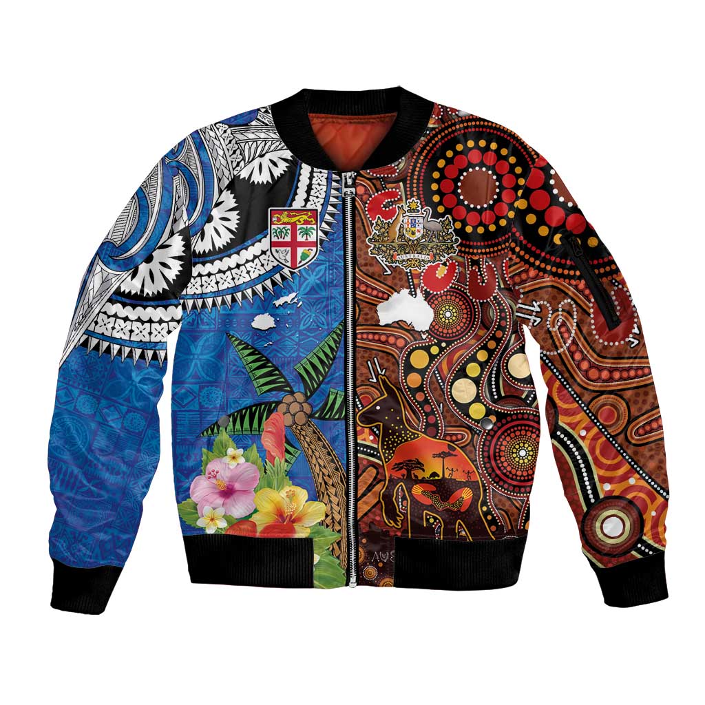 Fiji and Australia Together Sleeve Zip Bomber Jacket Fijian Tapa Plants with Kangaroo and Aboriginal - Aussie Hoodie