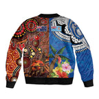 Fiji and Australia Together Sleeve Zip Bomber Jacket Fijian Tapa Plants with Kangaroo and Aboriginal - Aussie Hoodie