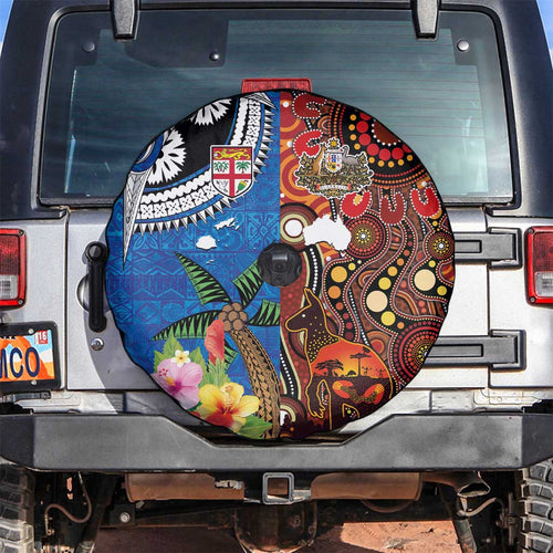 Fiji and Australia Together Spare Tire Cover Fijian Tapa Plants with Kangaroo and Aboriginal - Aussie Hoodie