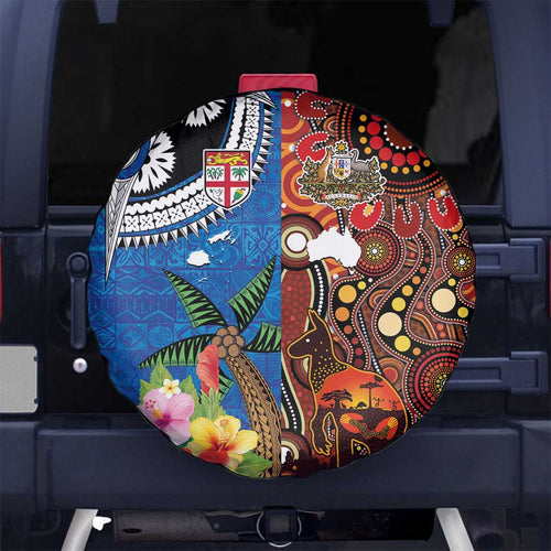 Fiji and Australia Together Spare Tire Cover Fijian Tapa Plants with Kangaroo and Aboriginal - Aussie Hoodie