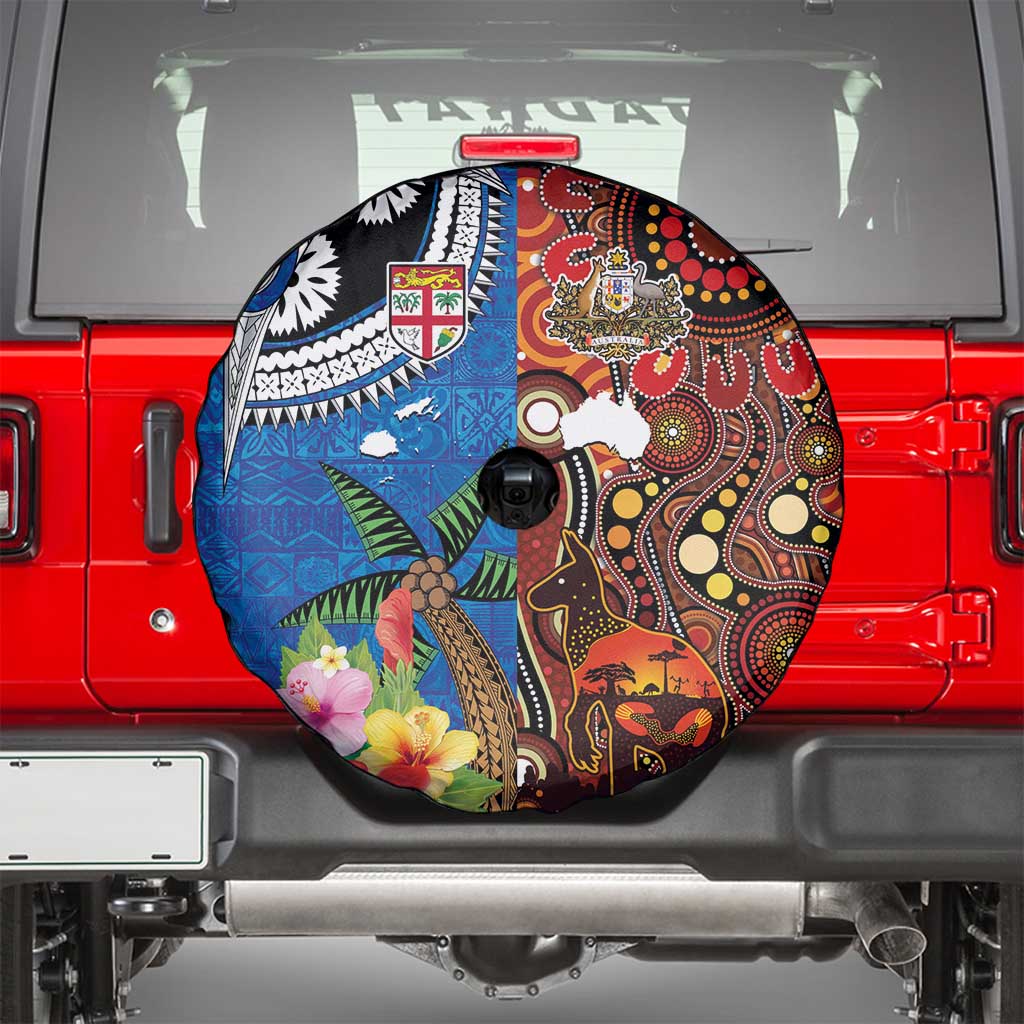 Fiji and Australia Together Spare Tire Cover Fijian Tapa Plants with Kangaroo and Aboriginal - Aussie Hoodie