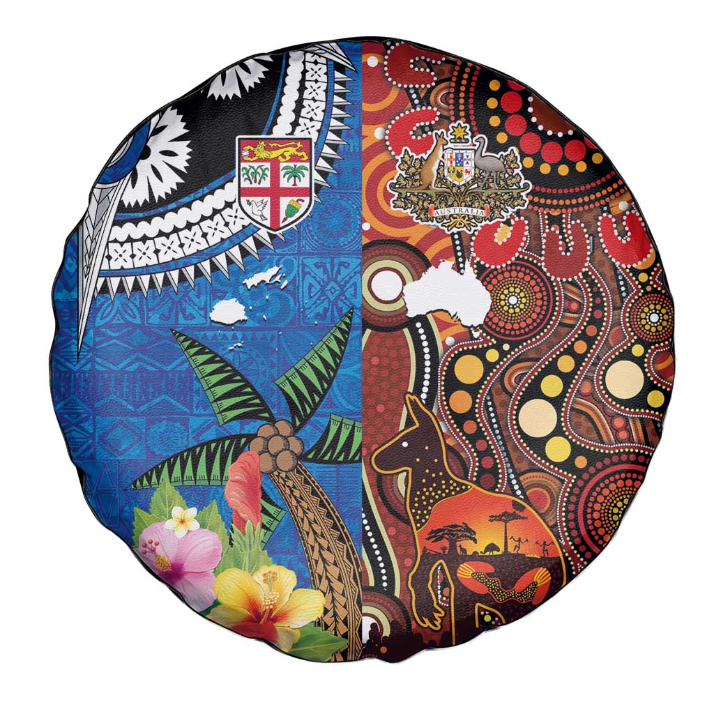 Fiji and Australia Together Spare Tire Cover Fijian Tapa Plants with Kangaroo and Aboriginal - Aussie Hoodie