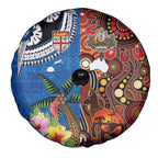 Fiji and Australia Together Spare Tire Cover Fijian Tapa Plants with Kangaroo and Aboriginal - Aussie Hoodie