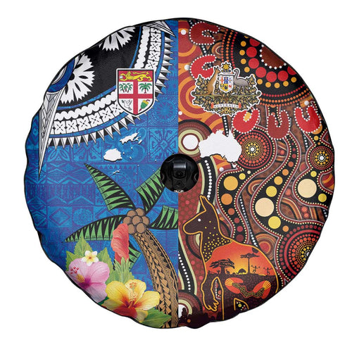Fiji and Australia Together Spare Tire Cover Fijian Tapa Plants with Kangaroo and Aboriginal - Aussie Hoodie