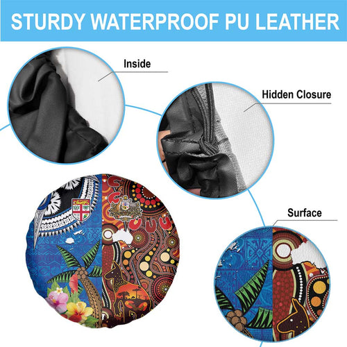 Fiji and Australia Together Spare Tire Cover Fijian Tapa Plants with Kangaroo and Aboriginal - Aussie Hoodie