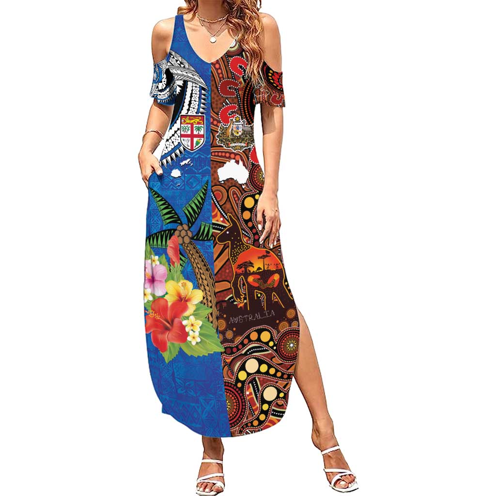 Fiji and Australia Together Summer Maxi Dress Fijian Tapa Plants with Kangaroo and Aboriginal - Aussie Hoodie