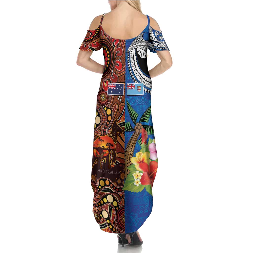 Fiji and Australia Together Summer Maxi Dress Fijian Tapa Plants with Kangaroo and Aboriginal - Aussie Hoodie