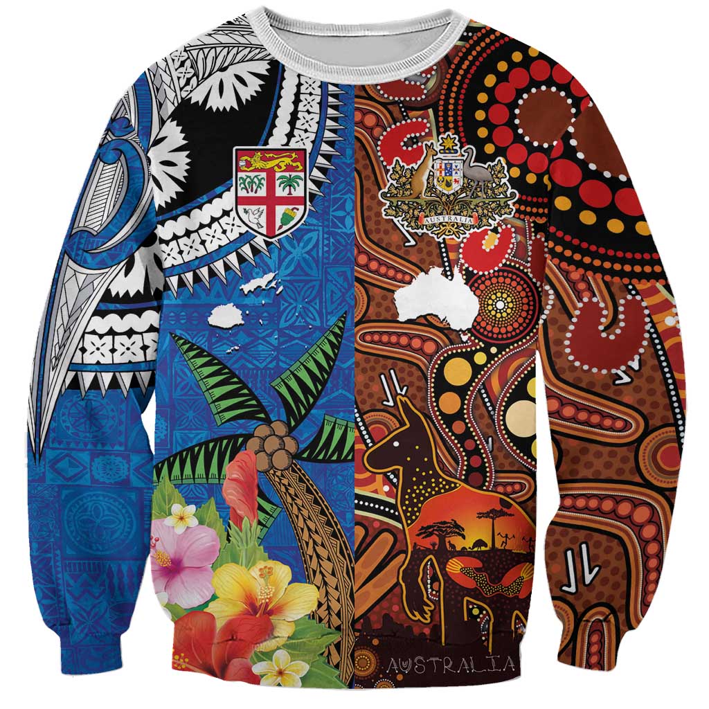 Fiji and Australia Together Sweatshirt Fijian Tapa Plants with Kangaroo and Aboriginal - Aussie Hoodie
