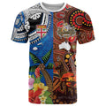 Fiji and Australia Together T Shirt Fijian Tapa Plants with Kangaroo and Aboriginal - Aussie Hoodie