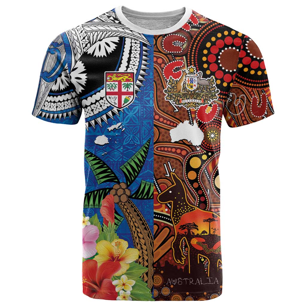 Fiji and Australia Together T Shirt Fijian Tapa Plants with Kangaroo and Aboriginal - Aussie Hoodie