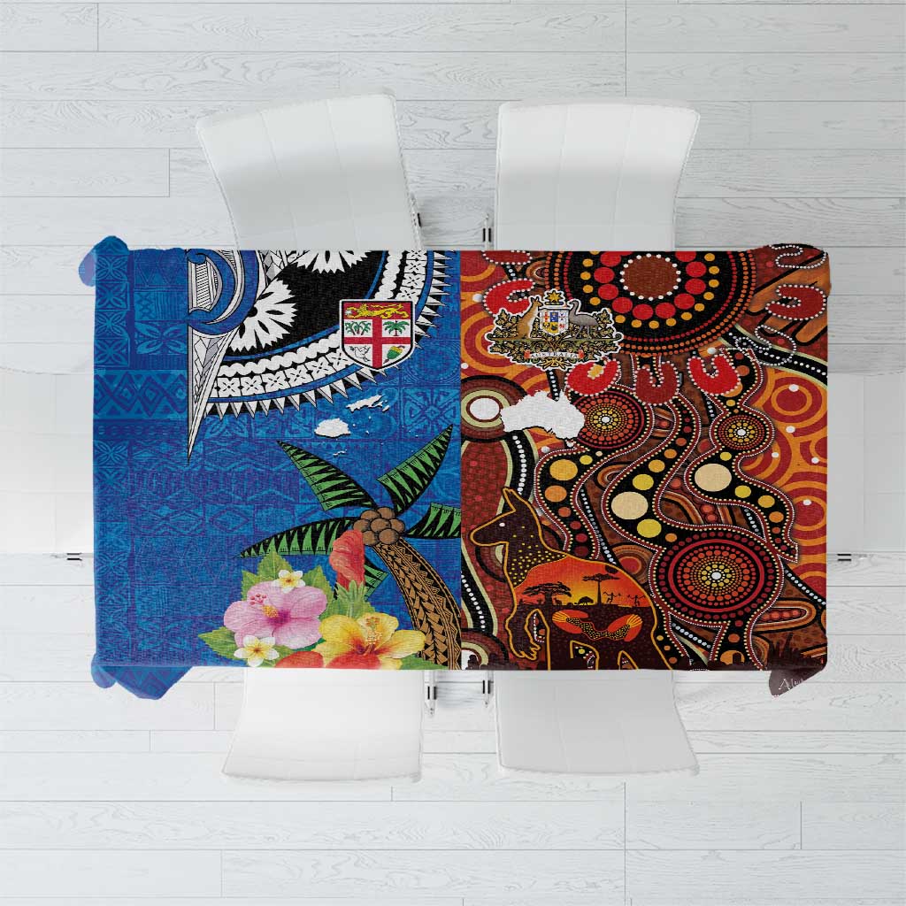 Fiji and Australia Together Tablecloth Fijian Tapa Plants with Kangaroo and Aboriginal - Aussie Hoodie